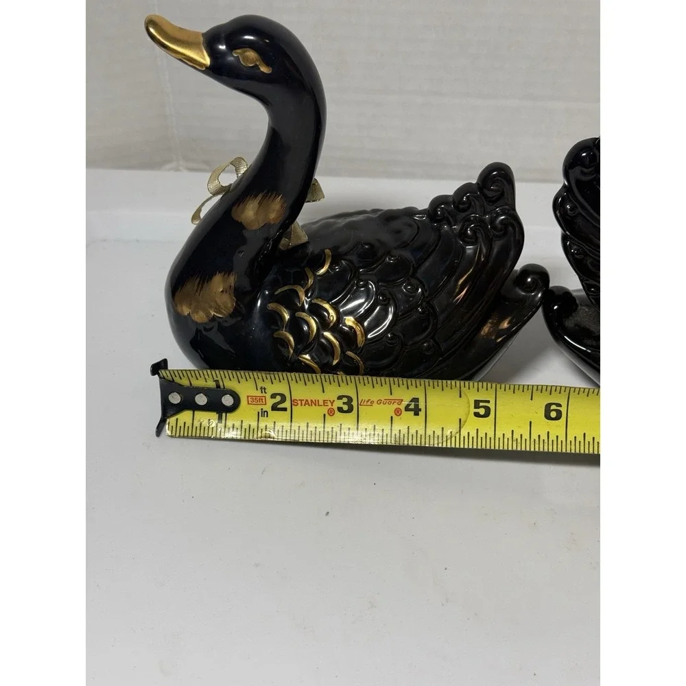VTG Black Gold Ceramic Swans Set Animal Figurines Made In Taiwan 5